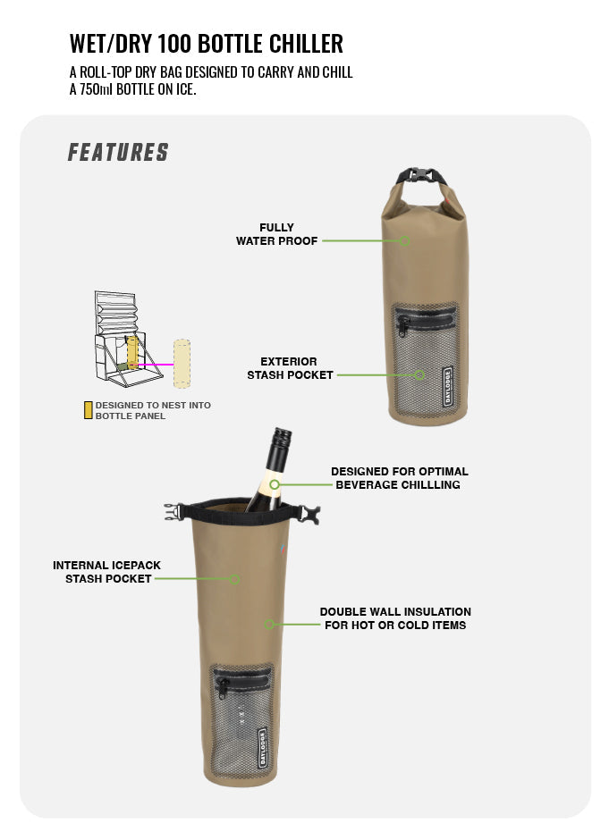 DAYLODGE Wet Dry 100 gear bag shown with its dimensions and capacity specifications laid out
