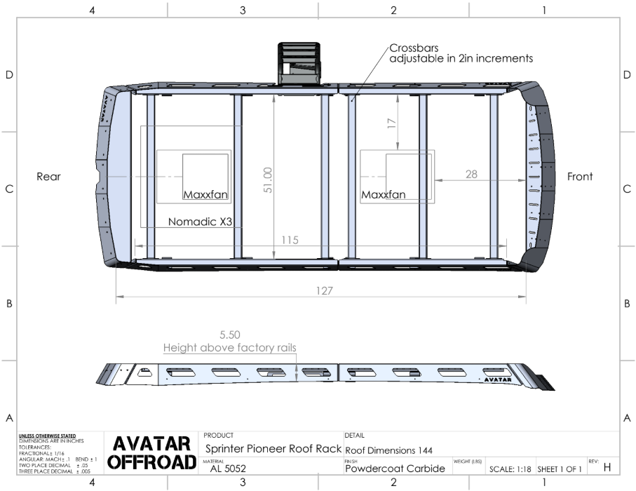Angled view of the Avatar Offroad Pioneer Roof Rack for Sprinter, part of the Avatar Offroad van storage and overland range