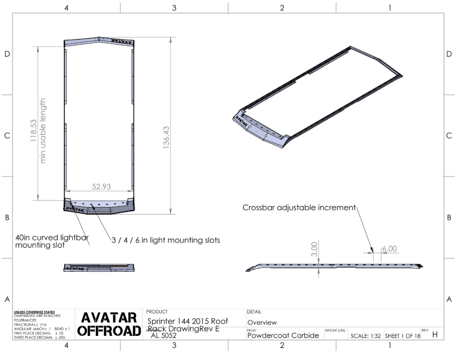 Additional view of the Avatar Offroad Ultra Rack Low Profile Sprinter Roof Rack, fitted to an overland van build