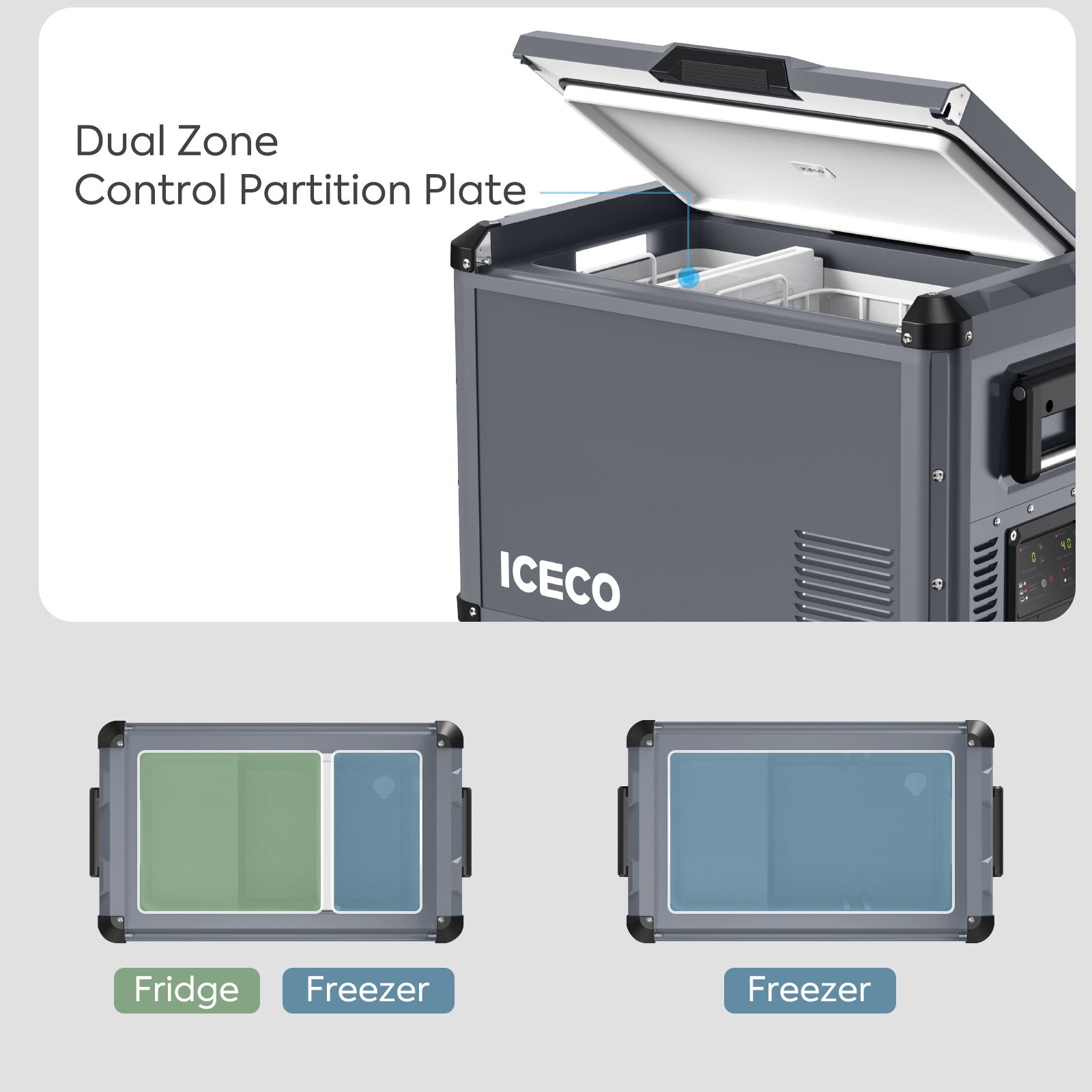 Further view of the ICECO VL45ProD Dual Zone Portable Fridge Freezer, Gray, a 12 volt compressor fridge for overland travel