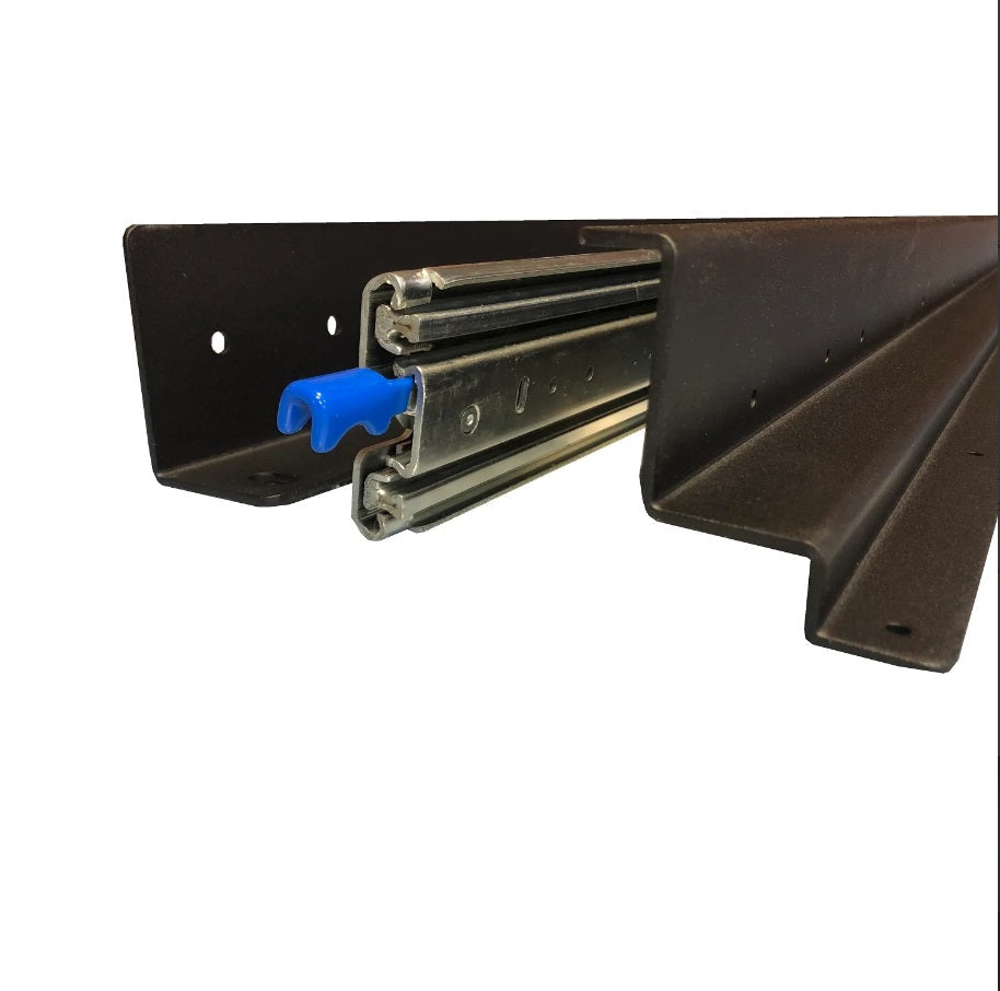 In use view of the RB Components 20 Inch DIY Slide Tray Kit, a full extension slide tray with a timber deck for van cargo