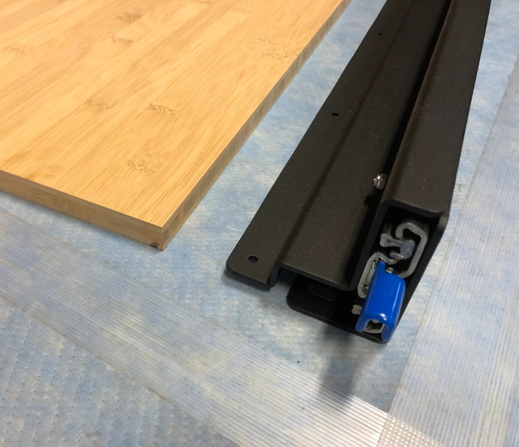 Installed view of the RB Components 20 Inch DIY Slide Tray Kit, a full extension slide tray with a timber deck for van cargo