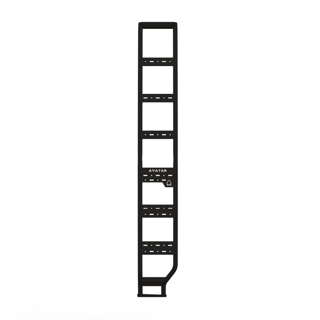 Avatar Offroad side ladder for the Mercedes Sprinter shown front on in black powder coated steel