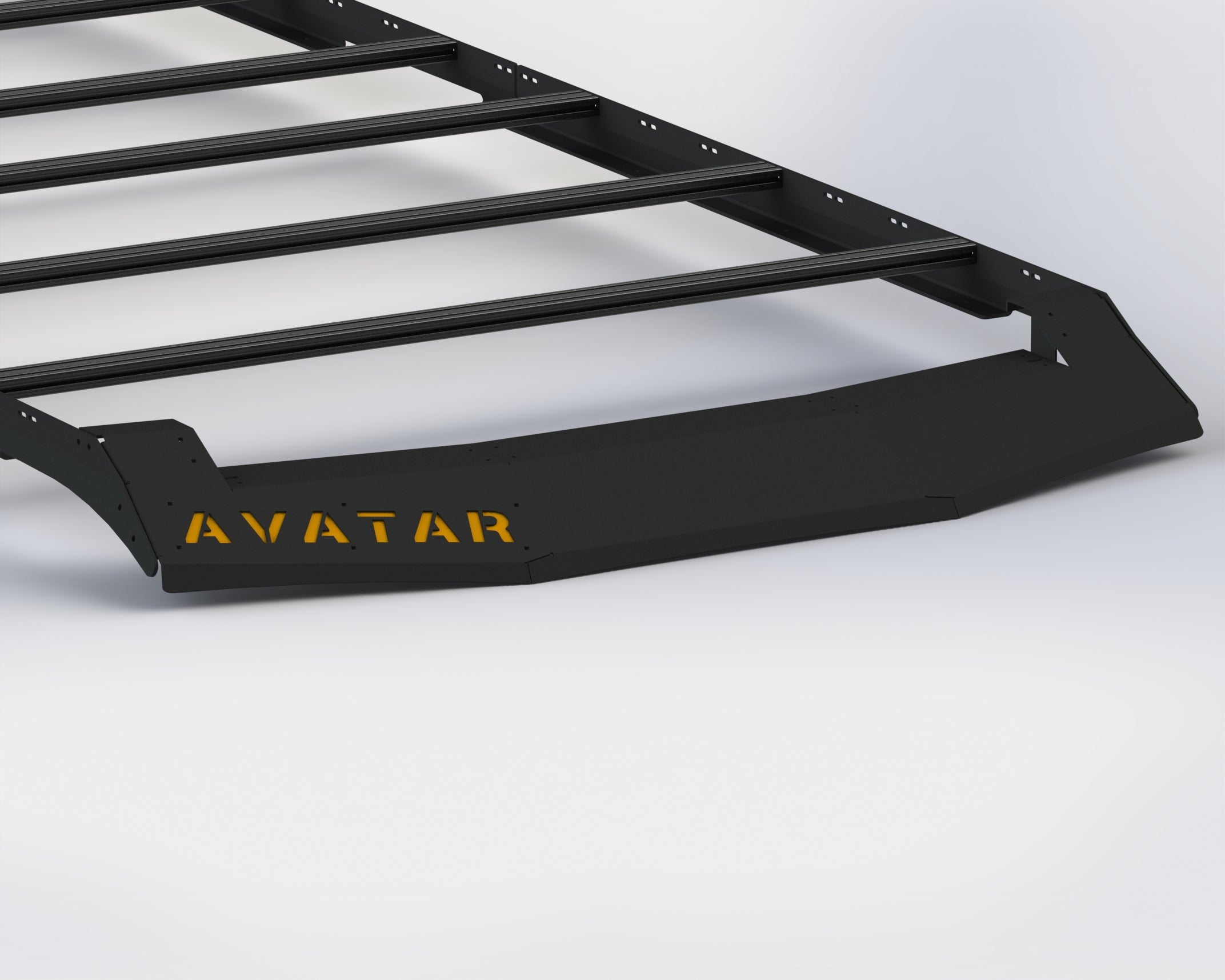 Detail view of the Avatar Offroad Ultra Rack Low Profile Sprinter Roof Rack, fitted to an overland van build