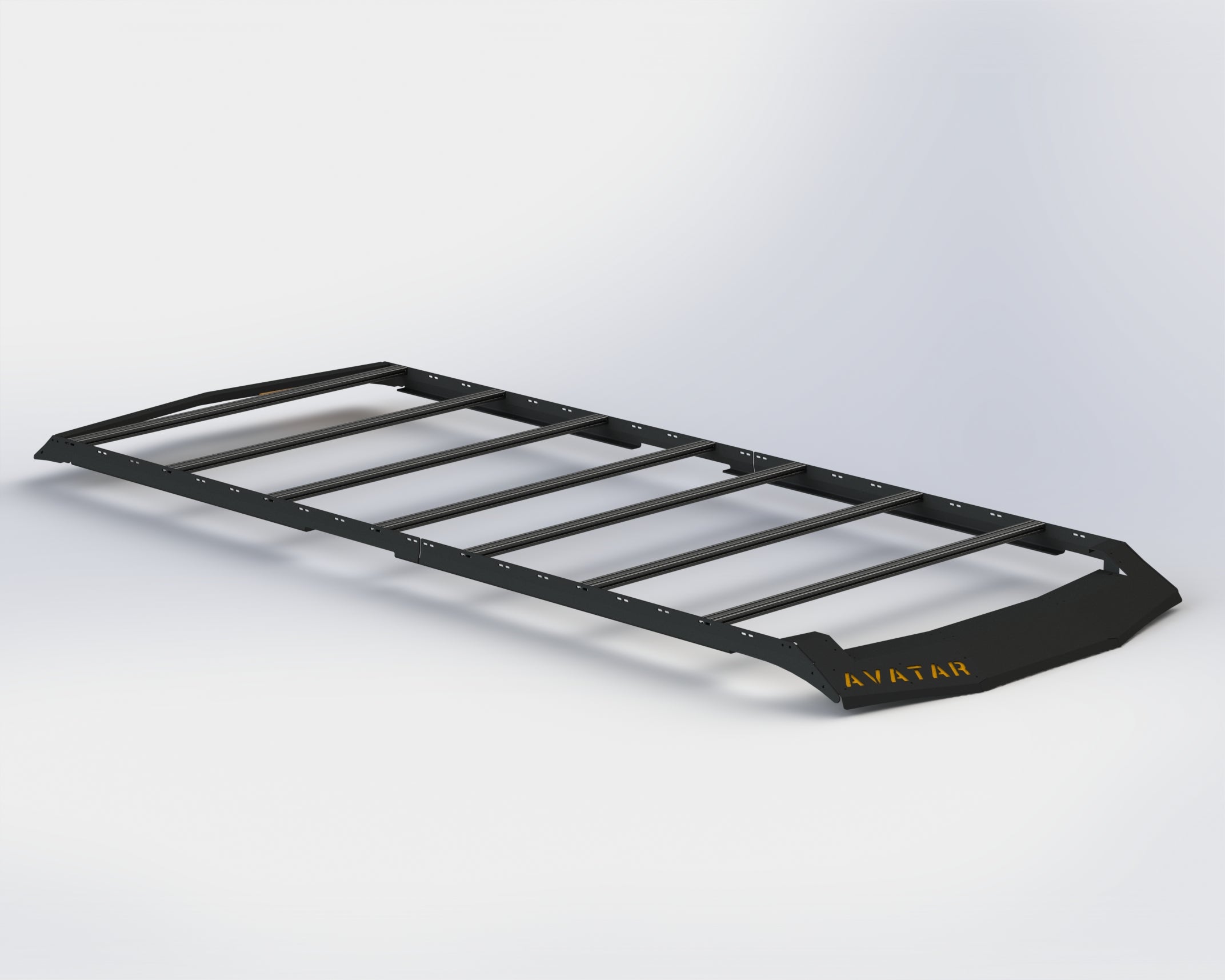 Front view of the Avatar Offroad Ultra Rack Low Profile Sprinter Roof Rack, fitted to an overland van build