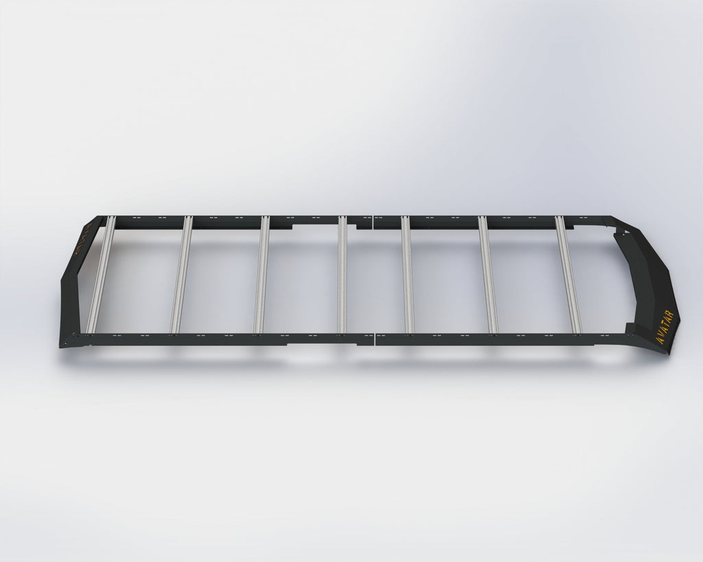Side view of the Avatar Offroad Ultra Rack Low Profile Sprinter Roof Rack, fitted to an overland van build