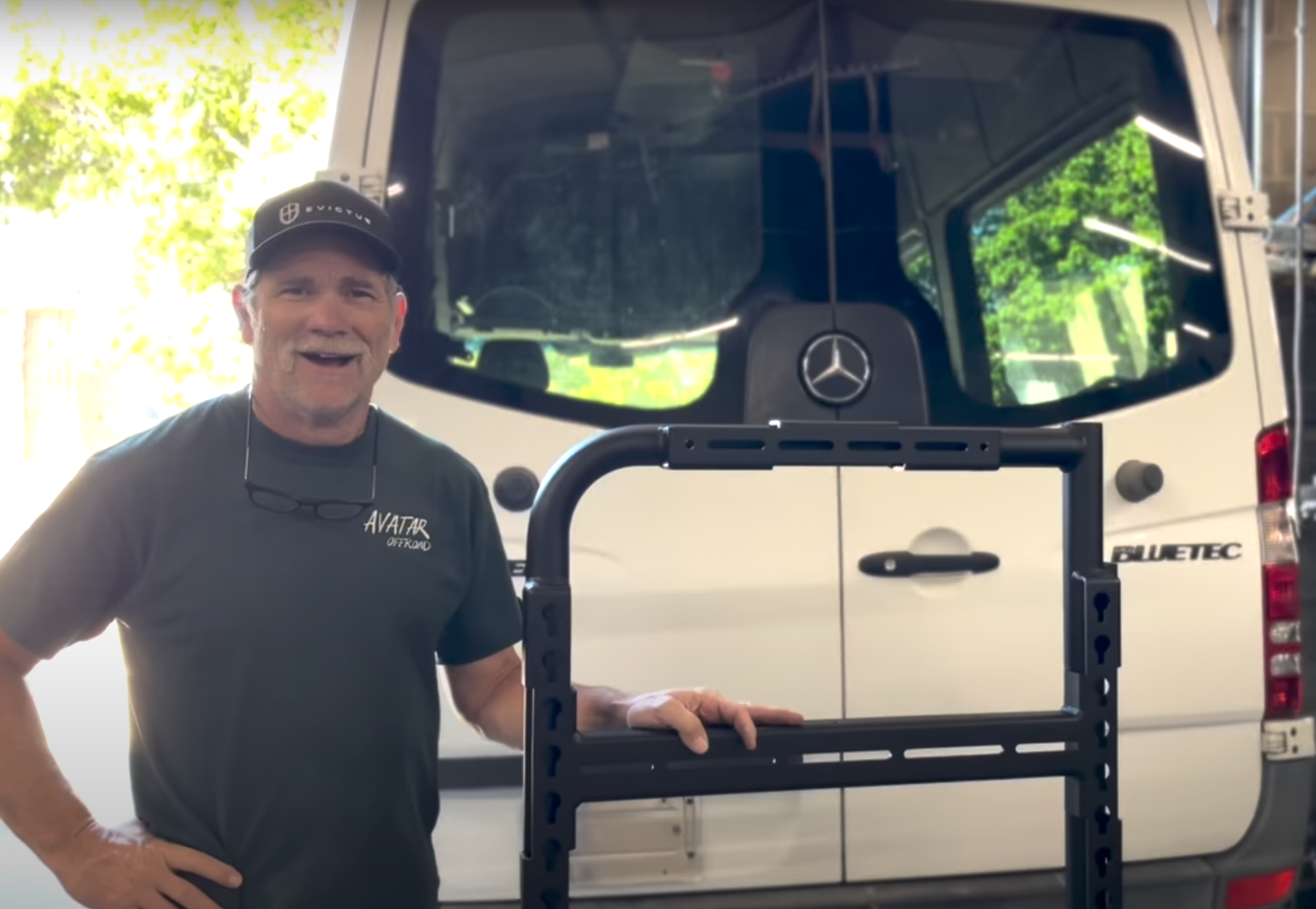 Product view of the Avatar Offroad Massif Van Rear Door Storage System, fitted to an overland van build