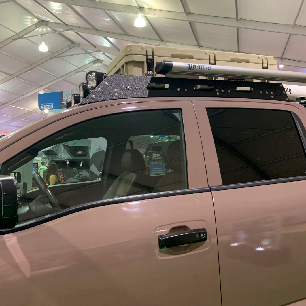 Avatar Offroad roof rack for the Nissan Titan, a low profile black platform rack for the truck cab
