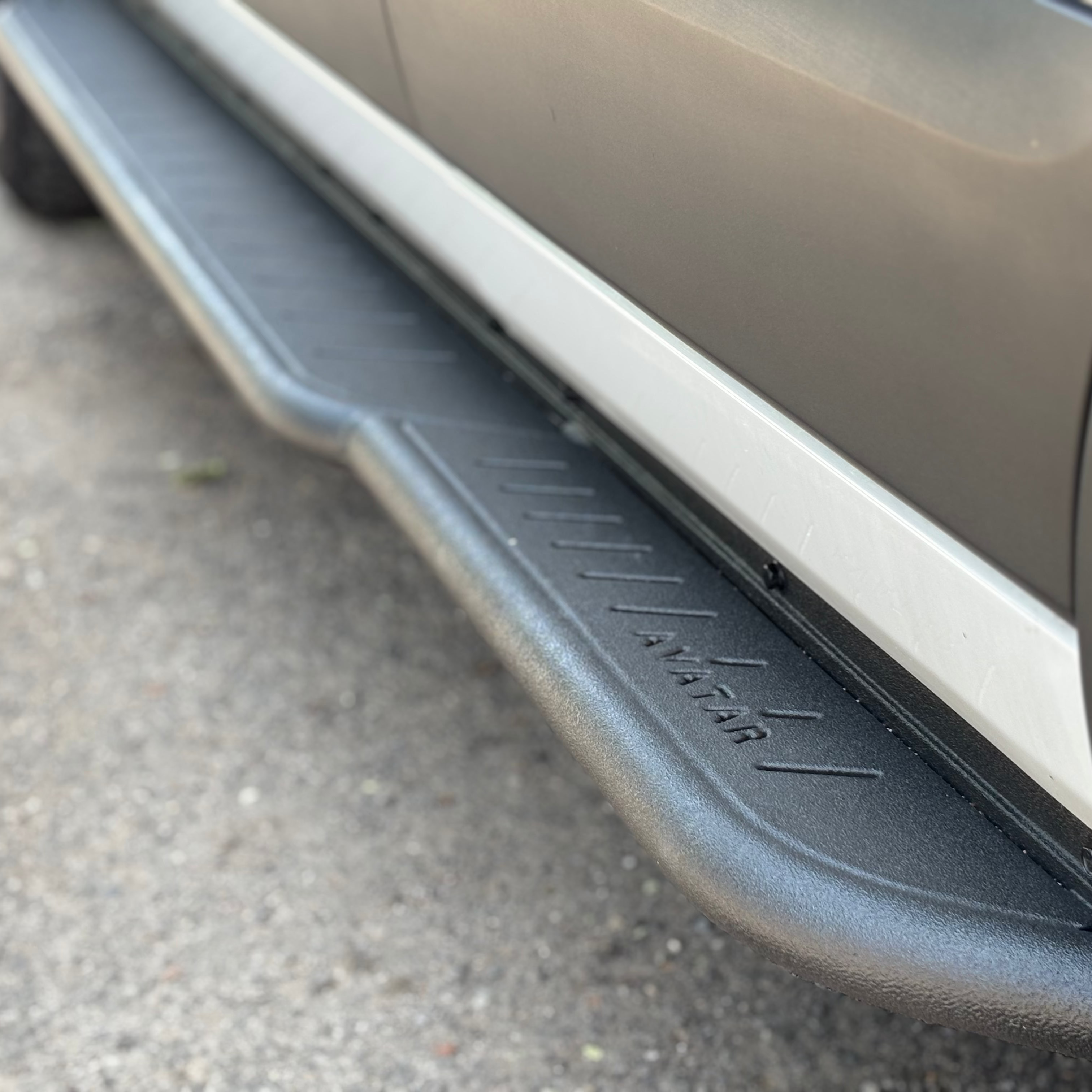 Alternate view of the Avatar Offroad Rockbody Side Steps for Ford Transit, fitted to an overland van build