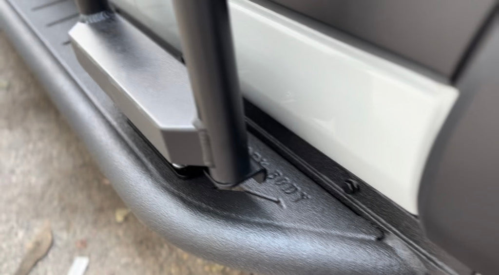 Studio view of the Avatar Offroad Rockbody Side Steps for Ford Transit, fitted to an overland van build