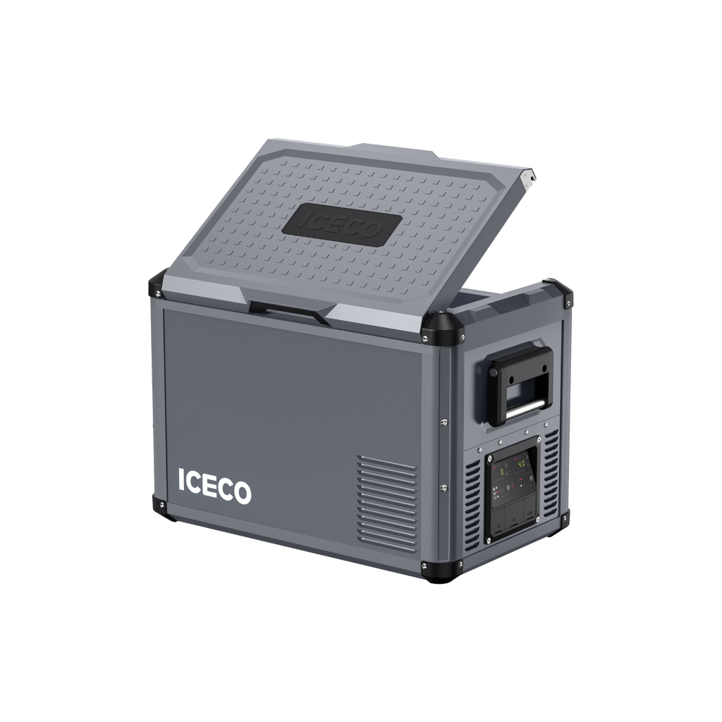 Another angle on the ICECO VL45ProD Dual Zone Portable Fridge Freezer, Gray, a 12 volt compressor fridge for overland travel