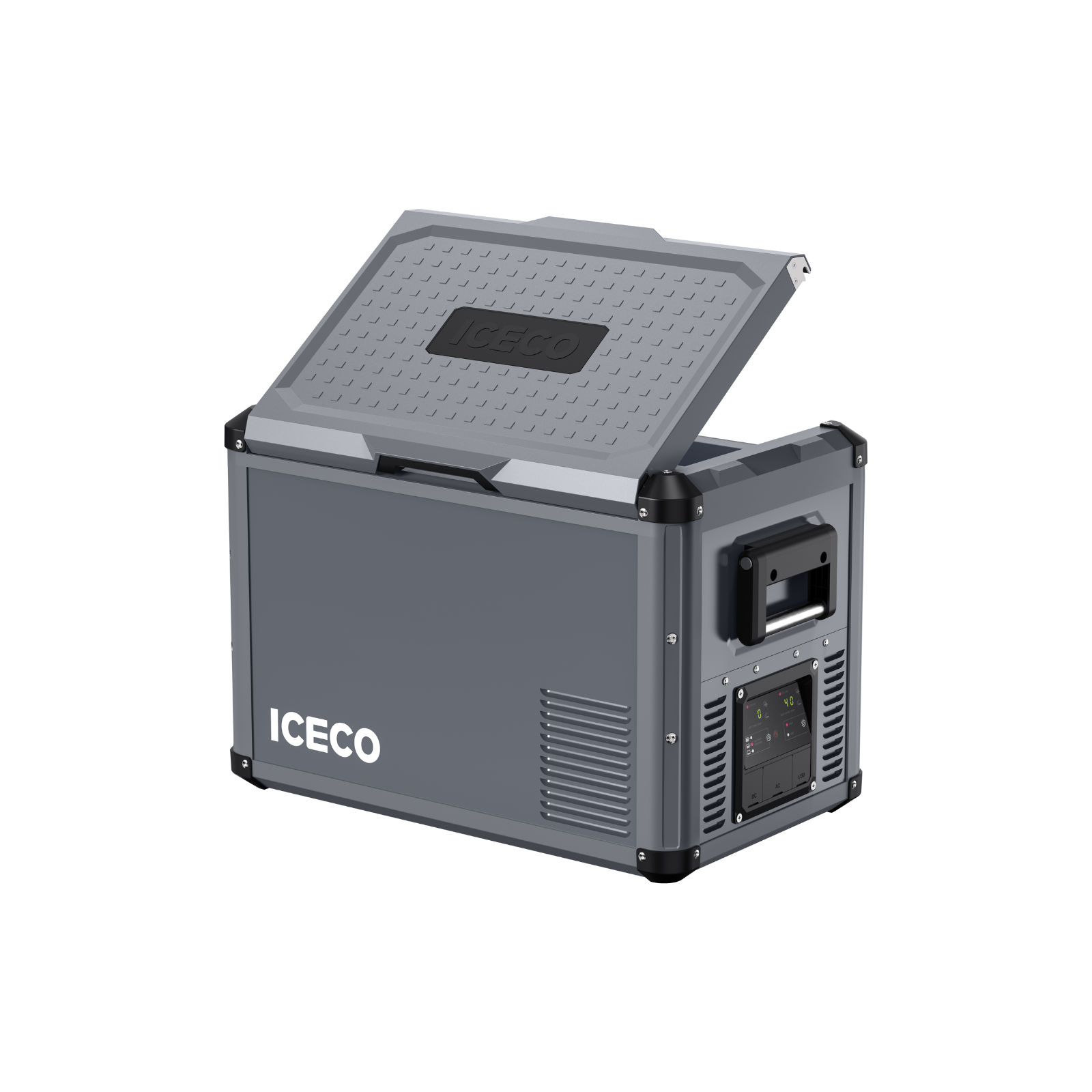 Another angle on the ICECO VL45ProD Dual Zone Portable Fridge Freezer, Gray, a 12 volt compressor fridge for overland travel