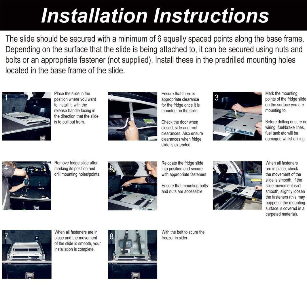 Angled view of the ICECO Fridge Slide Mount for APL55 and VL60Pro, a steel slide mount for mounting the fridge in a vehicle