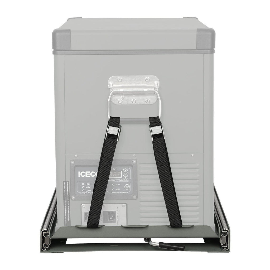 Mounting detail for the ICECO Fridge Slide Mount for JP Pro, VL45, and APL35 Series, a steel fridge slide mount