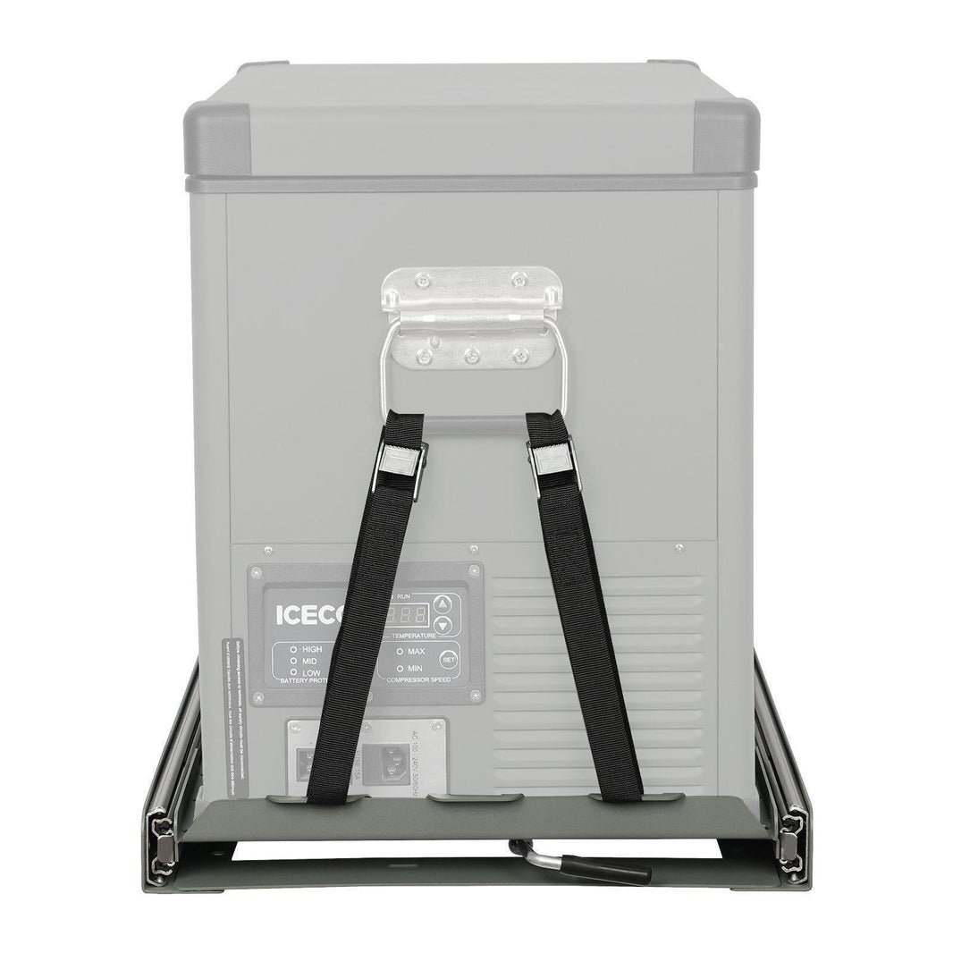 Mounting detail for the ICECO Fridge Slide Mount for JP Pro, VL45, and APL35 Series, a steel fridge slide mount