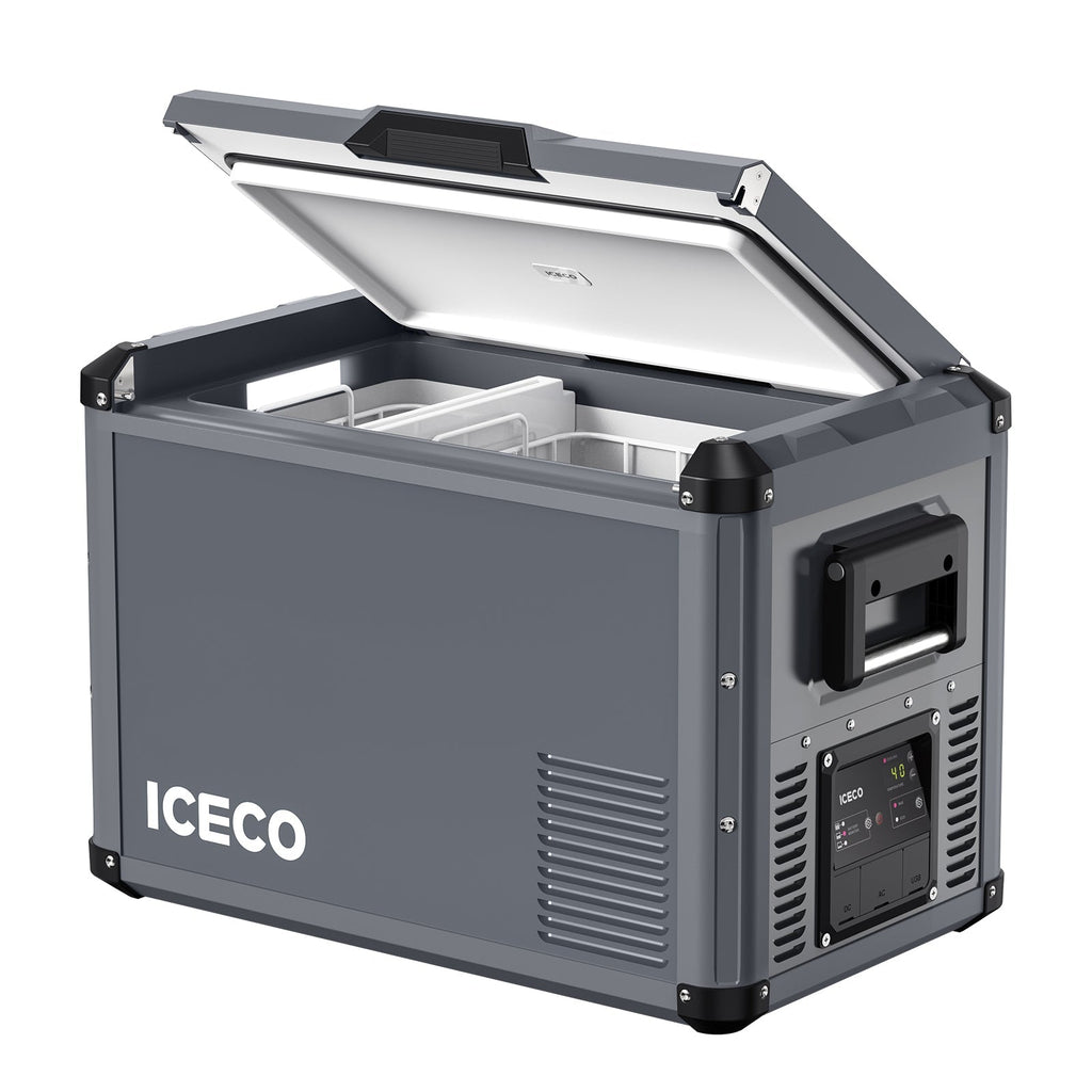 Product view of the ICECO VL45ProS Single Zone Portable Fridge Freezer, a 12 volt compressor fridge for overland travel