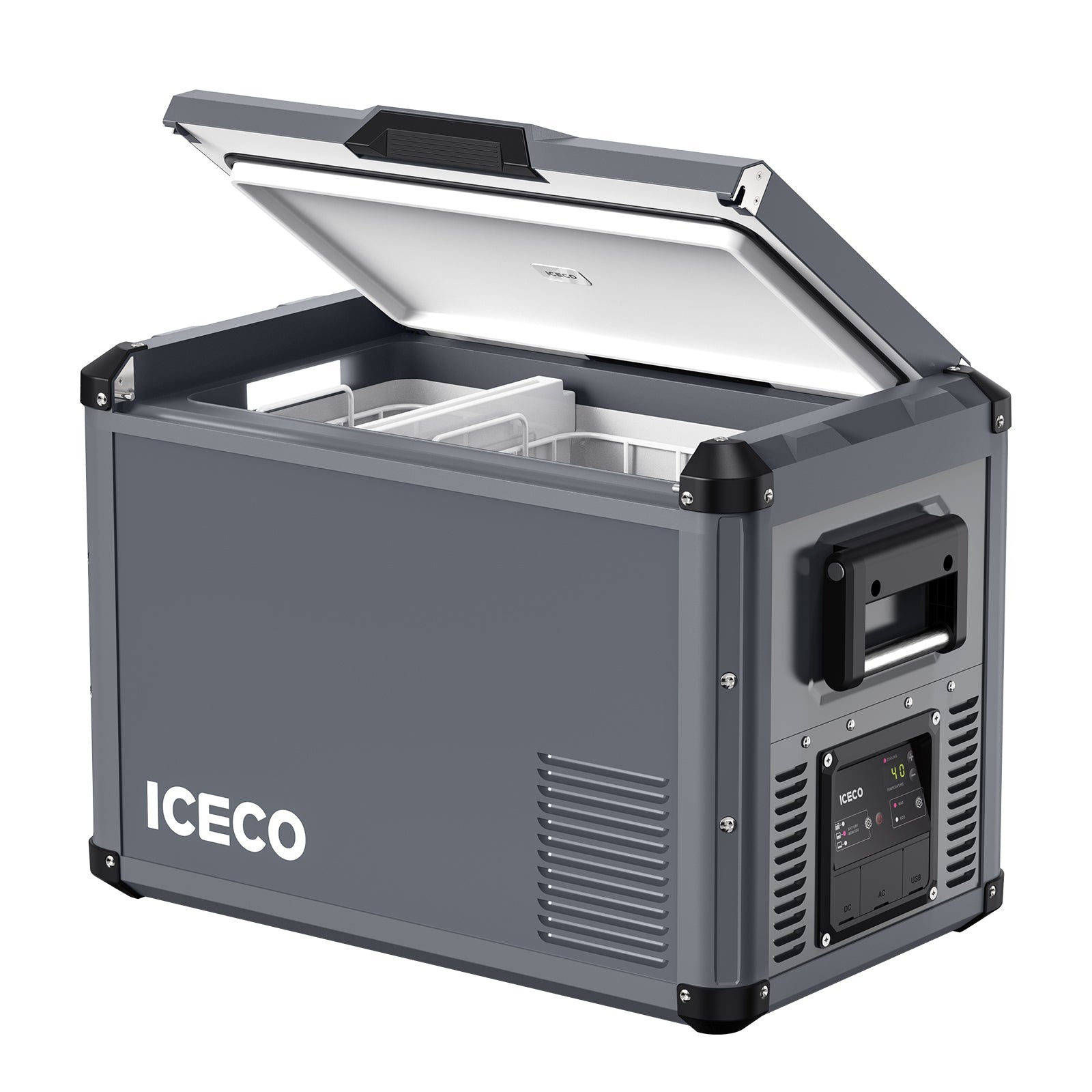 Product view of the ICECO VL45ProS Single Zone Portable Fridge Freezer, a 12 volt compressor fridge for overland travel