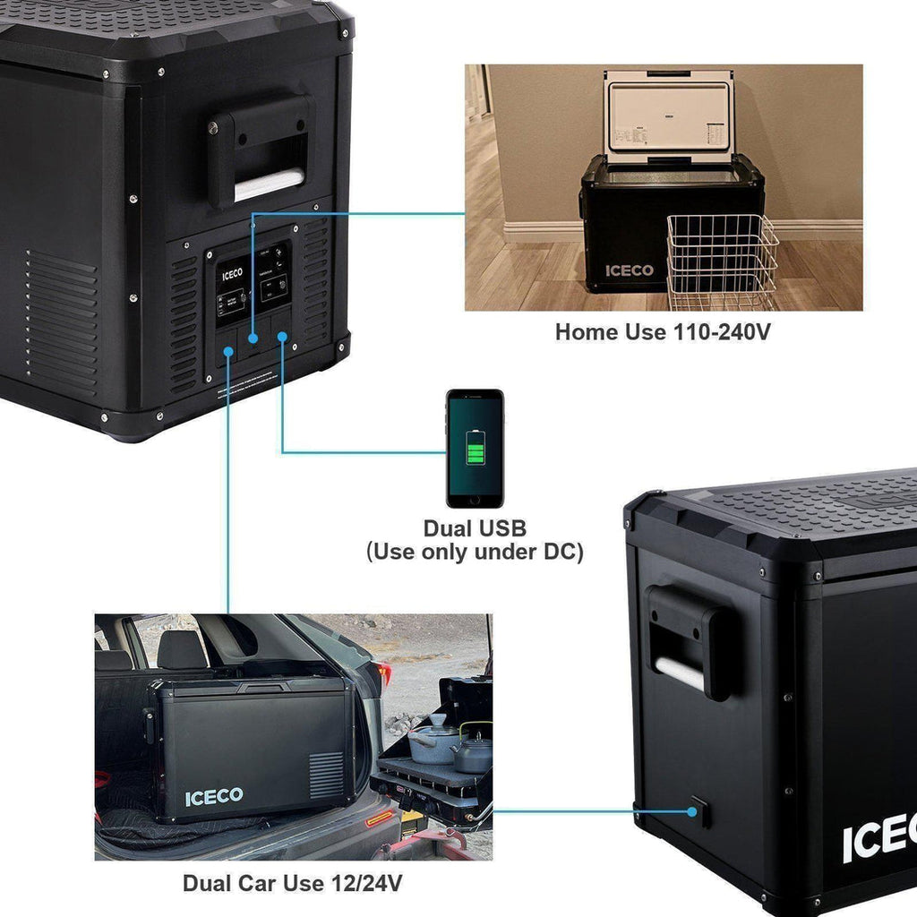 Close up of the ICECO VL45ProS Single Zone Portable Fridge Freezer, a 12 volt compressor fridge for overland travel