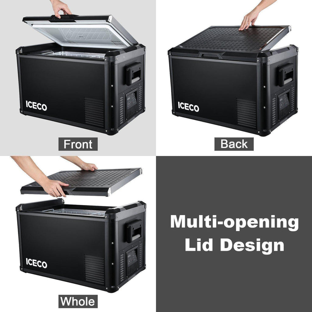 Angled view of the ICECO VL45ProS Single Zone Portable Fridge Freezer, a 12 volt compressor fridge for overland travel