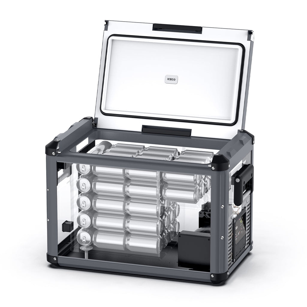 Specification diagram for the ICECO VL45ProD Dual Zone Portable Fridge Freezer, Gray, a 12 volt portable fridge for camp use