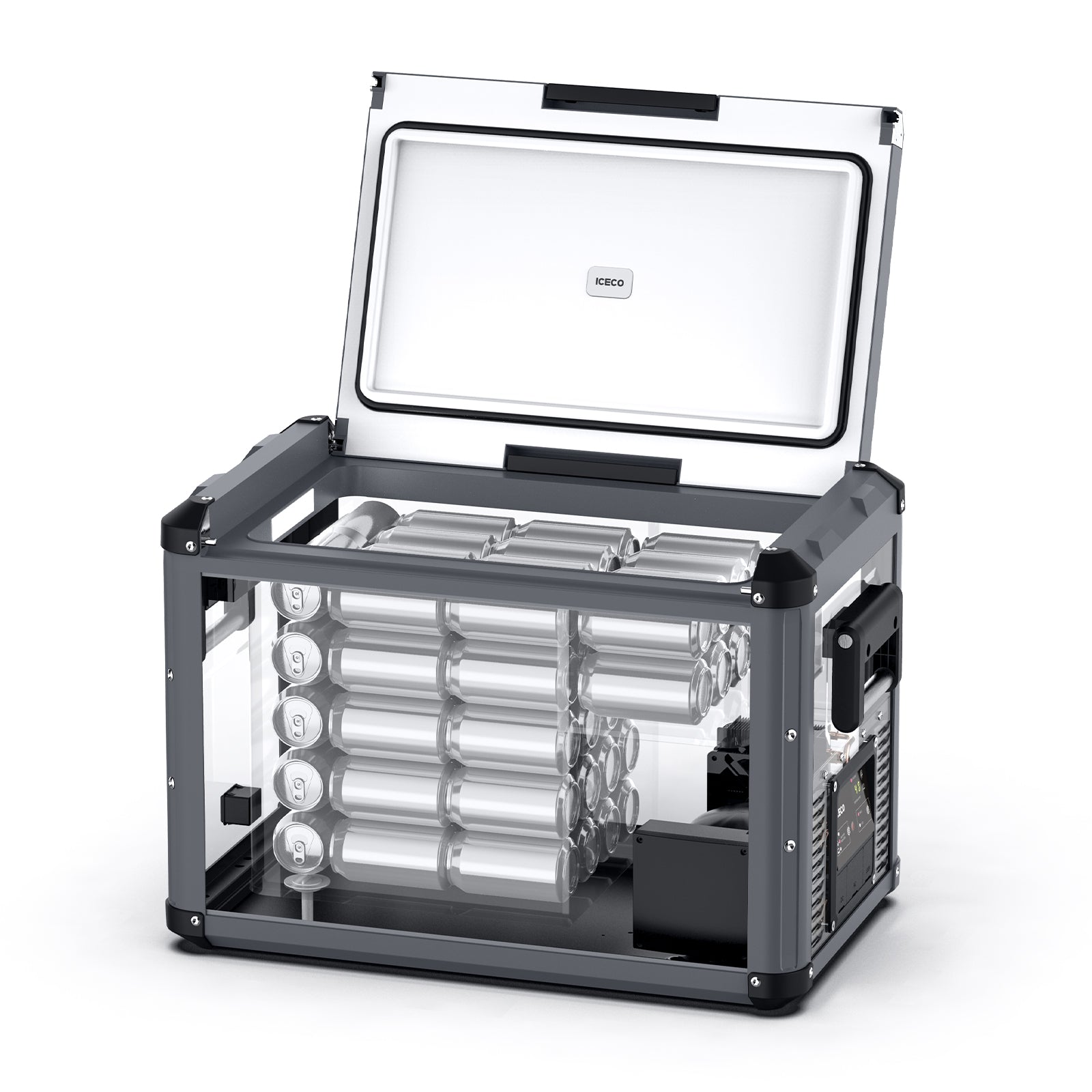Specification diagram for the ICECO VL45ProD Dual Zone Portable Fridge Freezer, Gray, a 12 volt portable fridge for camp use