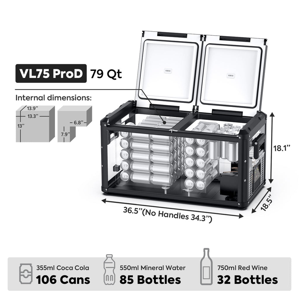 Further view of the ICECO VL75ProD Dual Zone 12 Volt Fridge Freezer, a 12 volt compressor fridge for overland travel