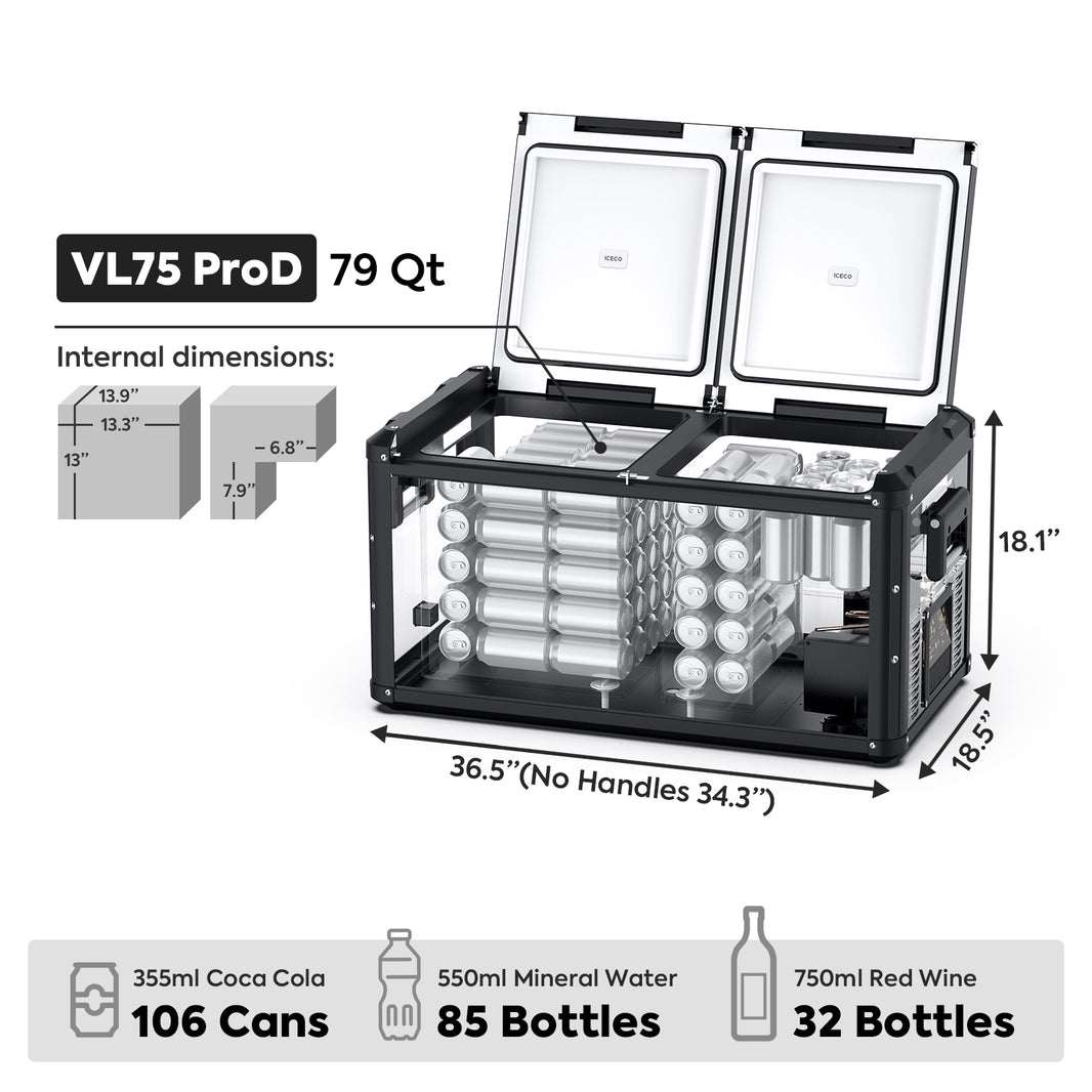 Further view of the ICECO VL75ProD Dual Zone 12 Volt Fridge Freezer, a 12 volt compressor fridge for overland travel