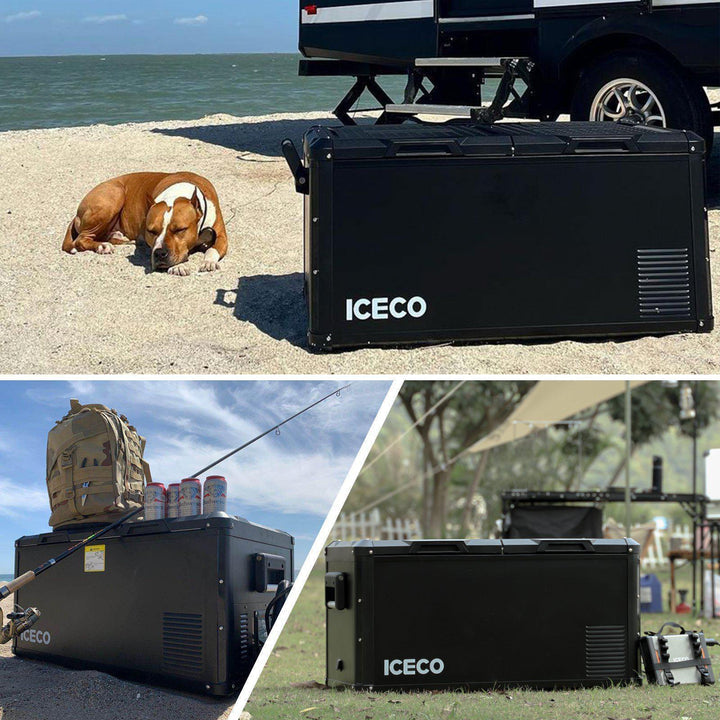 Studio view of the ICECO VL90ProD Dual Zone 12 Volt Fridge Freezer, a 12 volt compressor fridge for overland travel