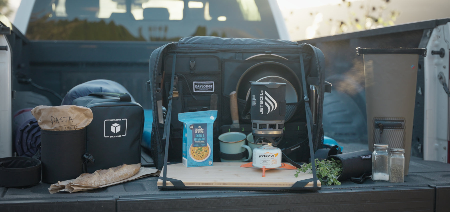 Close up of the DAYLODGE Workspace Camp Collection Kitchen Set, part of a vehicle based camp and travel setup