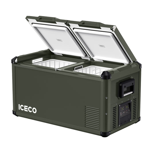 Alternate angle on the ICECO VL75ProD Dual Zone 12 Volt Fridge Freezer, a 12 volt compressor fridge for overland travel