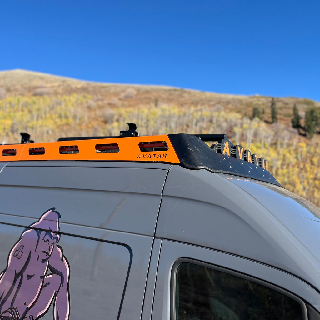 Additional view of the Avatar Offroad Pioneer Roof Rack for Sprinter, fitted to an overland van build
