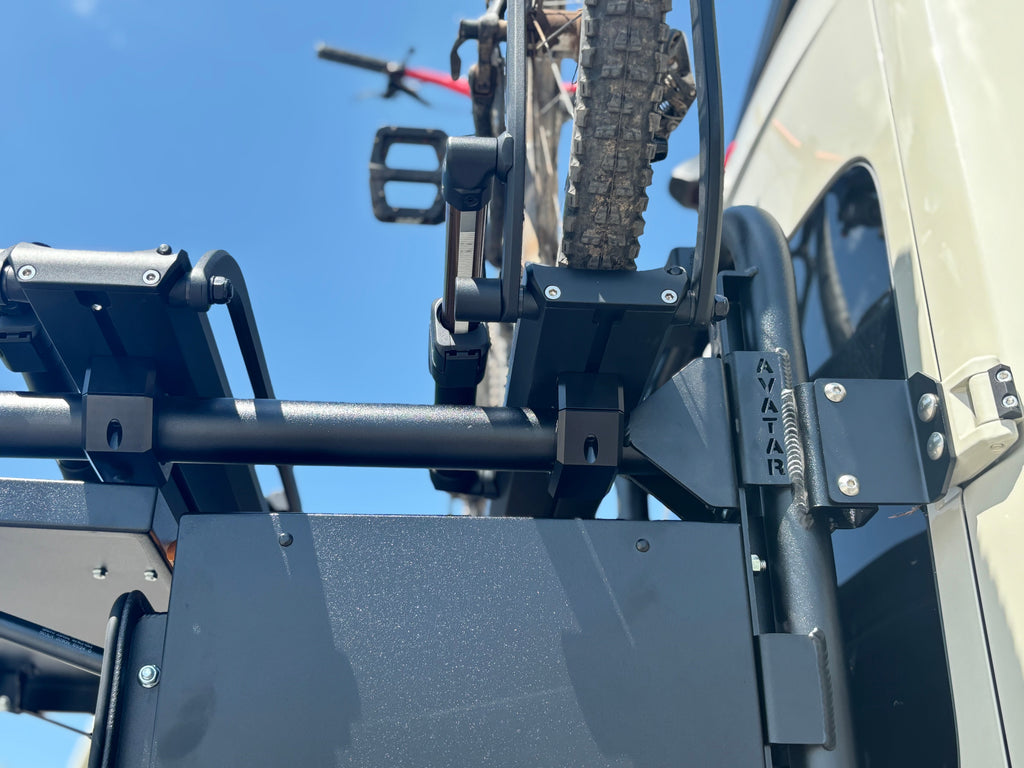 Alternate view of the Avatar Offroad Bike Posts for the Massif System, fitted to an overland van build