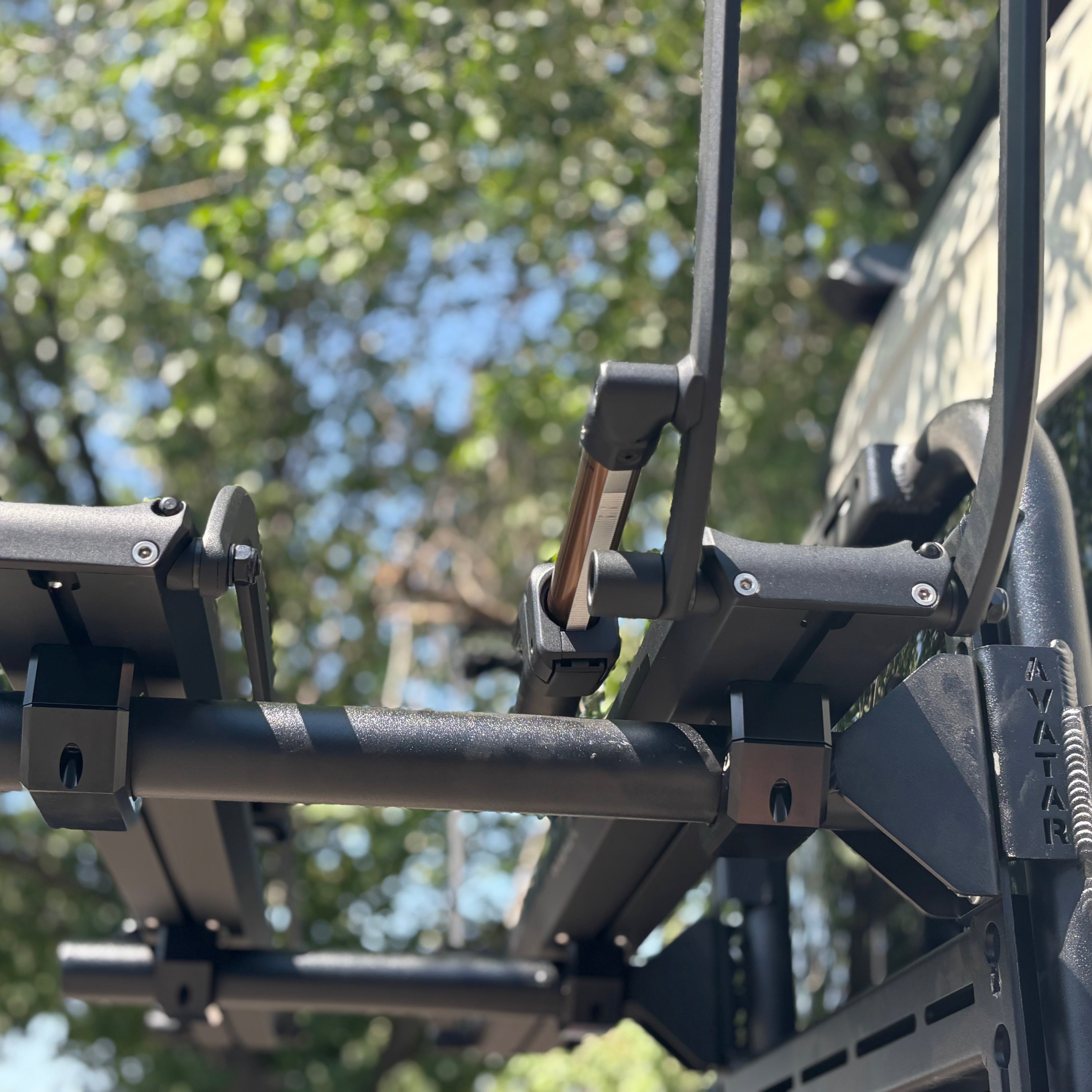 Studio view of the Avatar Offroad Bike Posts for the Massif System, part of the Avatar Offroad van storage and overland range