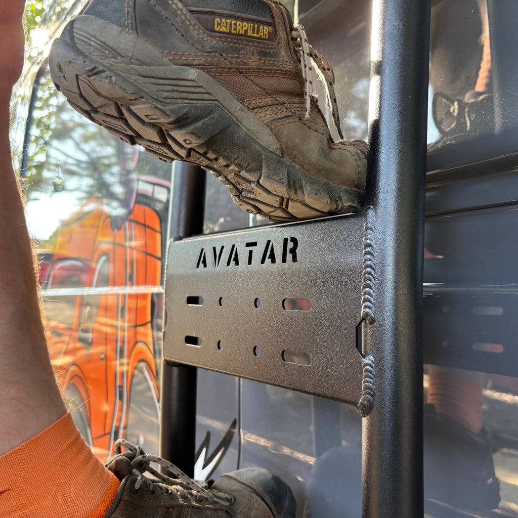 Side view of the Avatar Offroad Side Ladder for Mercedes Sprinter, part of the Avatar Offroad van storage and overland range