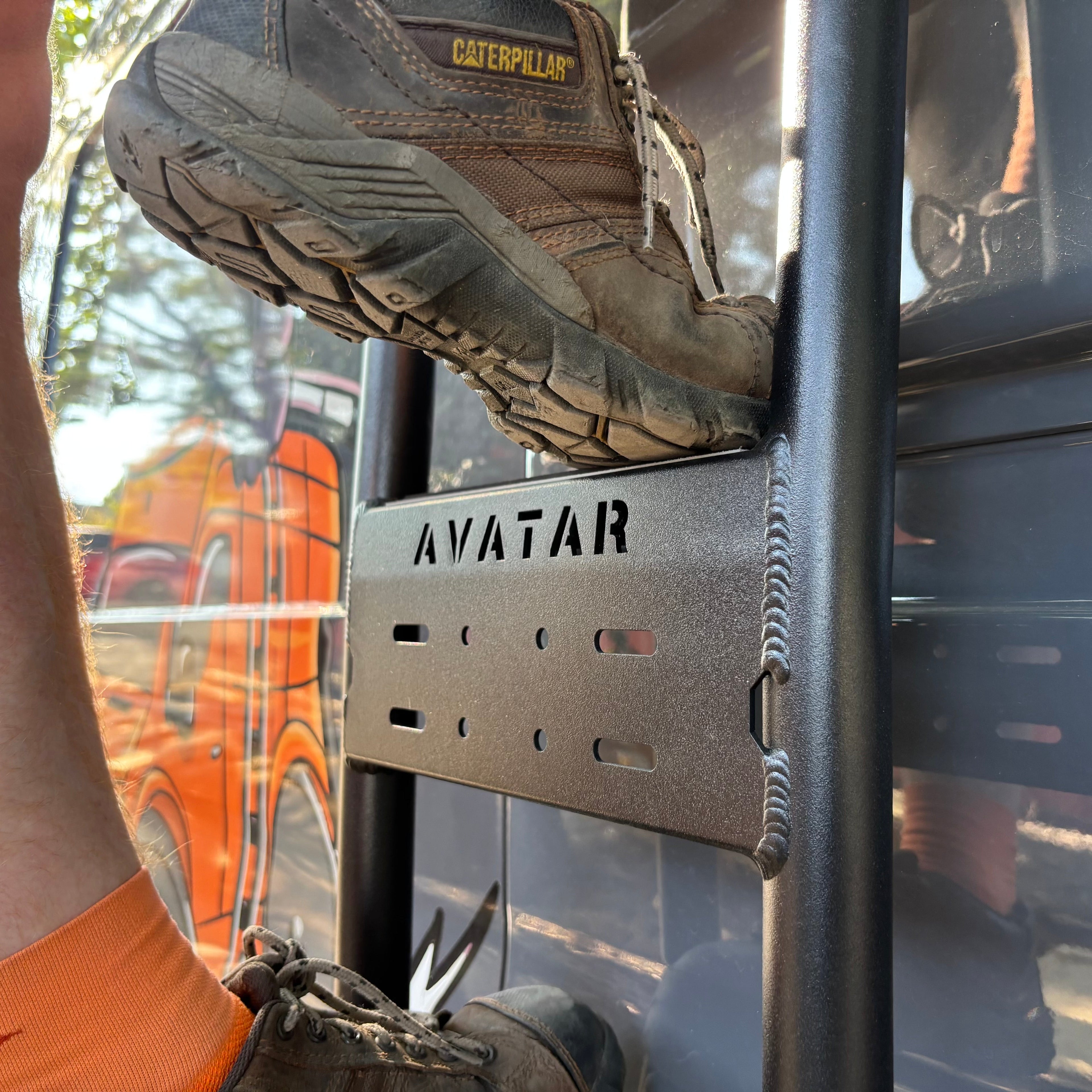 Side view of the Avatar Offroad Side Ladder for Mercedes Sprinter, part of the Avatar Offroad van storage and overland range