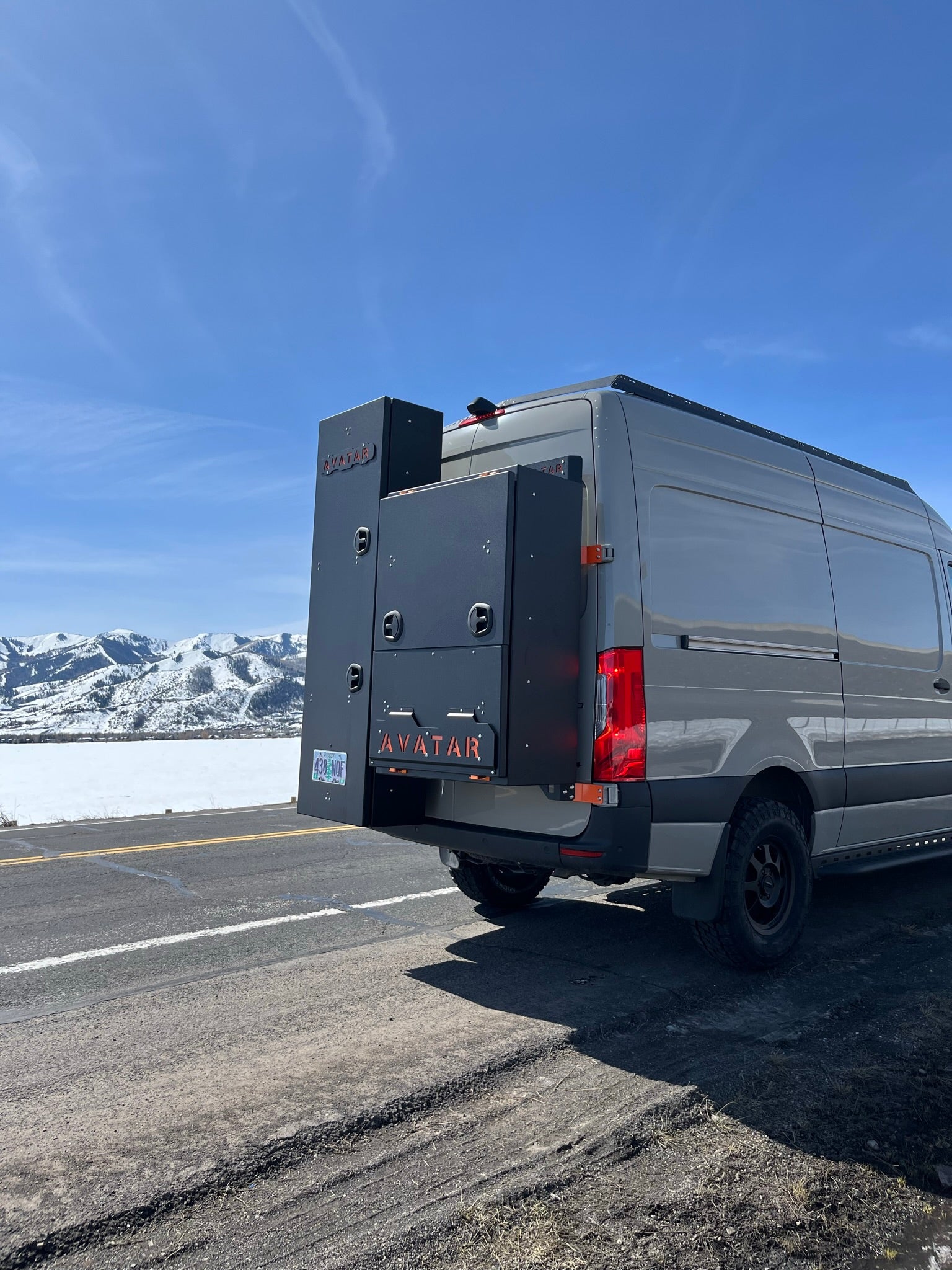 Further view of the Avatar Offroad Ultra Rack Low Profile Sprinter Roof Rack, fitted to an overland van build