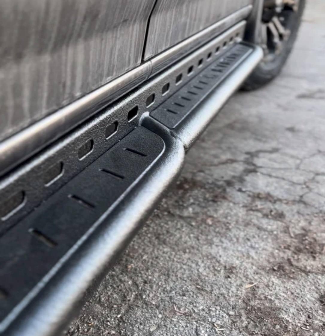 Side view of the Avatar Offroad Rockbody Side Steps for Mercedes Sprinter, fitted to an overland van build