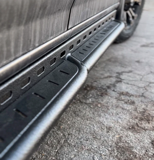 Side view of the Avatar Offroad Rockbody Side Steps for Mercedes Sprinter, fitted to an overland van build