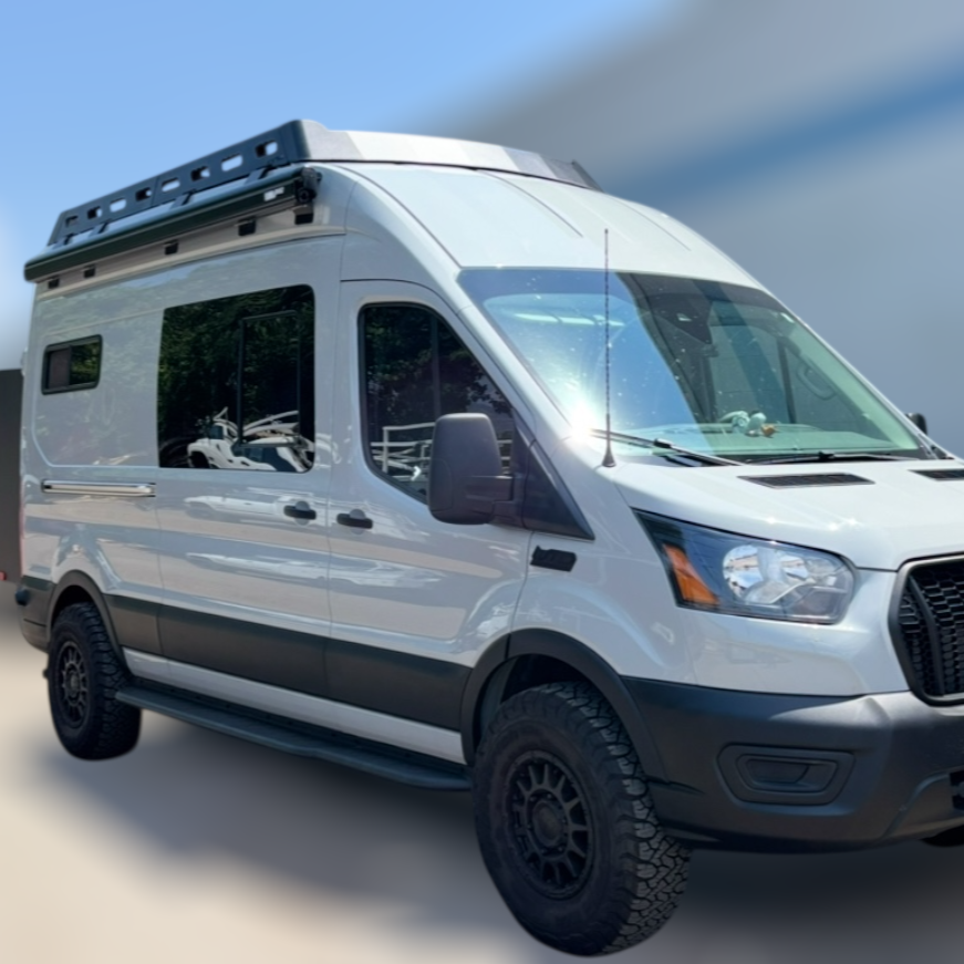 Studio view of the Avatar Offroad Pioneer Roof Rack for Ford Transit, fitted to an overland van build