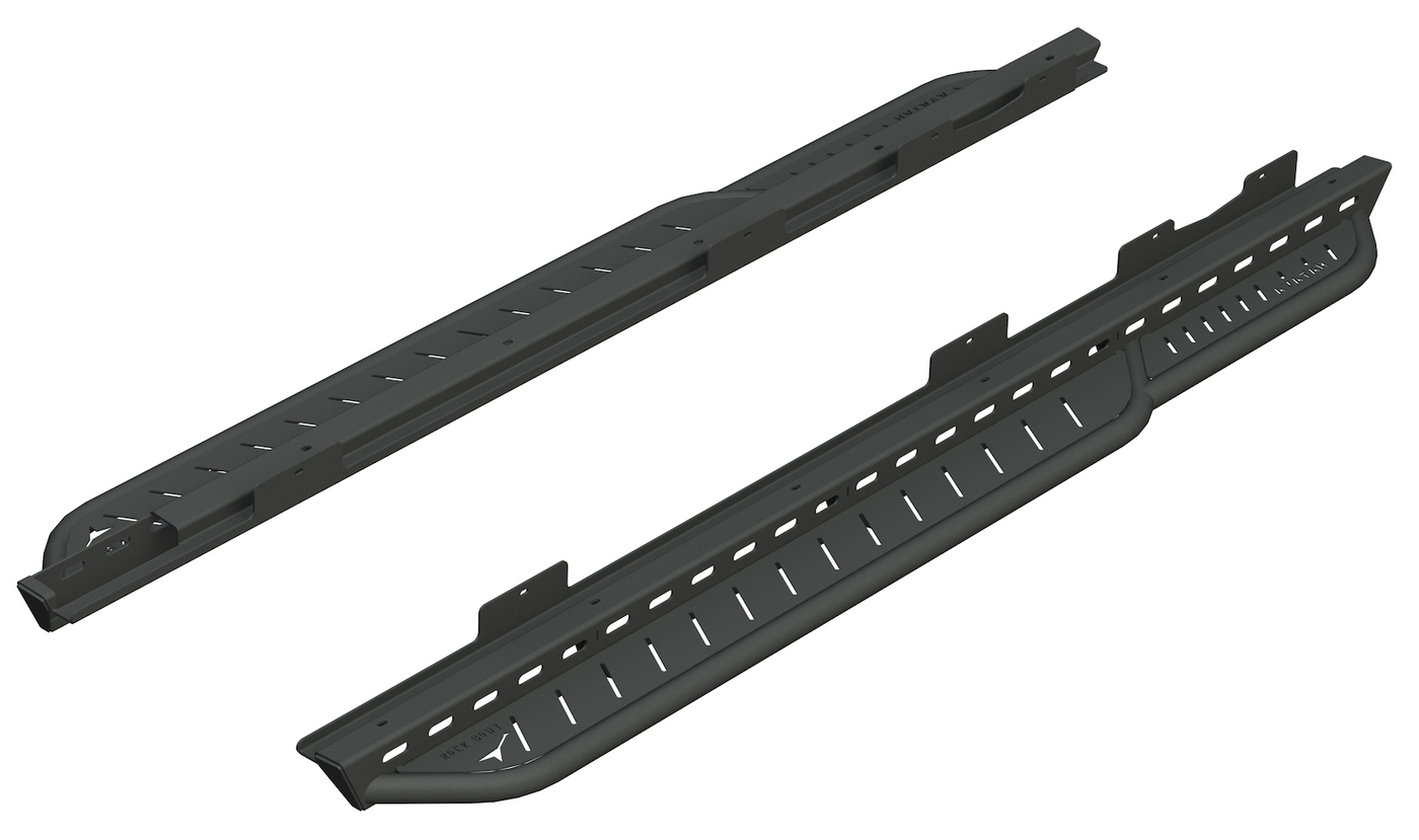 Avatar Offroad Rockbody side step plates mounted along the sill of a Mercedes Sprinter van in black