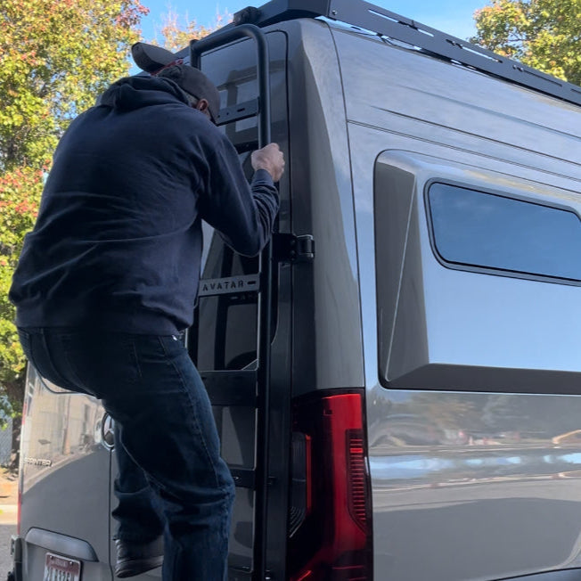 Close up of the Avatar Offroad Rear Door Ladder for Sprinter, part of the Avatar Offroad van storage and overland range