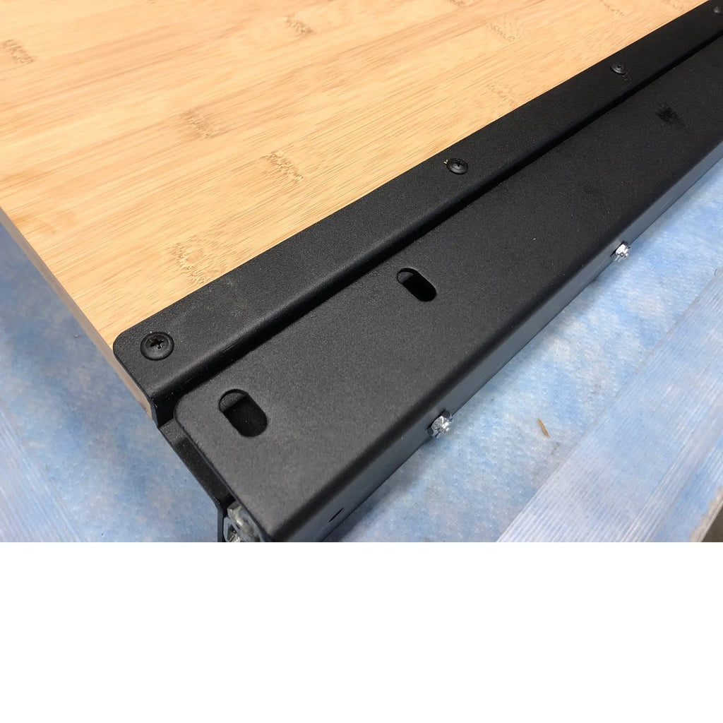 Underside view of the RB Components 20 Inch DIY Slide Tray Kit, a full extension slide tray with a timber deck for van cargo