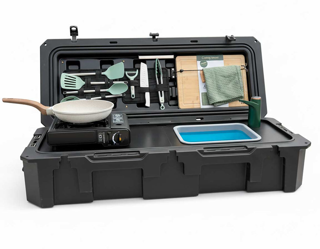 Angled view of the VOZ Camp Kitchen Portable Cook Station, a portable cook station for vehicle based camp meals