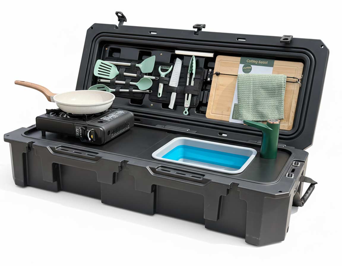Studio view of the VOZ Camp Kitchen Portable Cook Station, a portable cook station for vehicle based camp meals