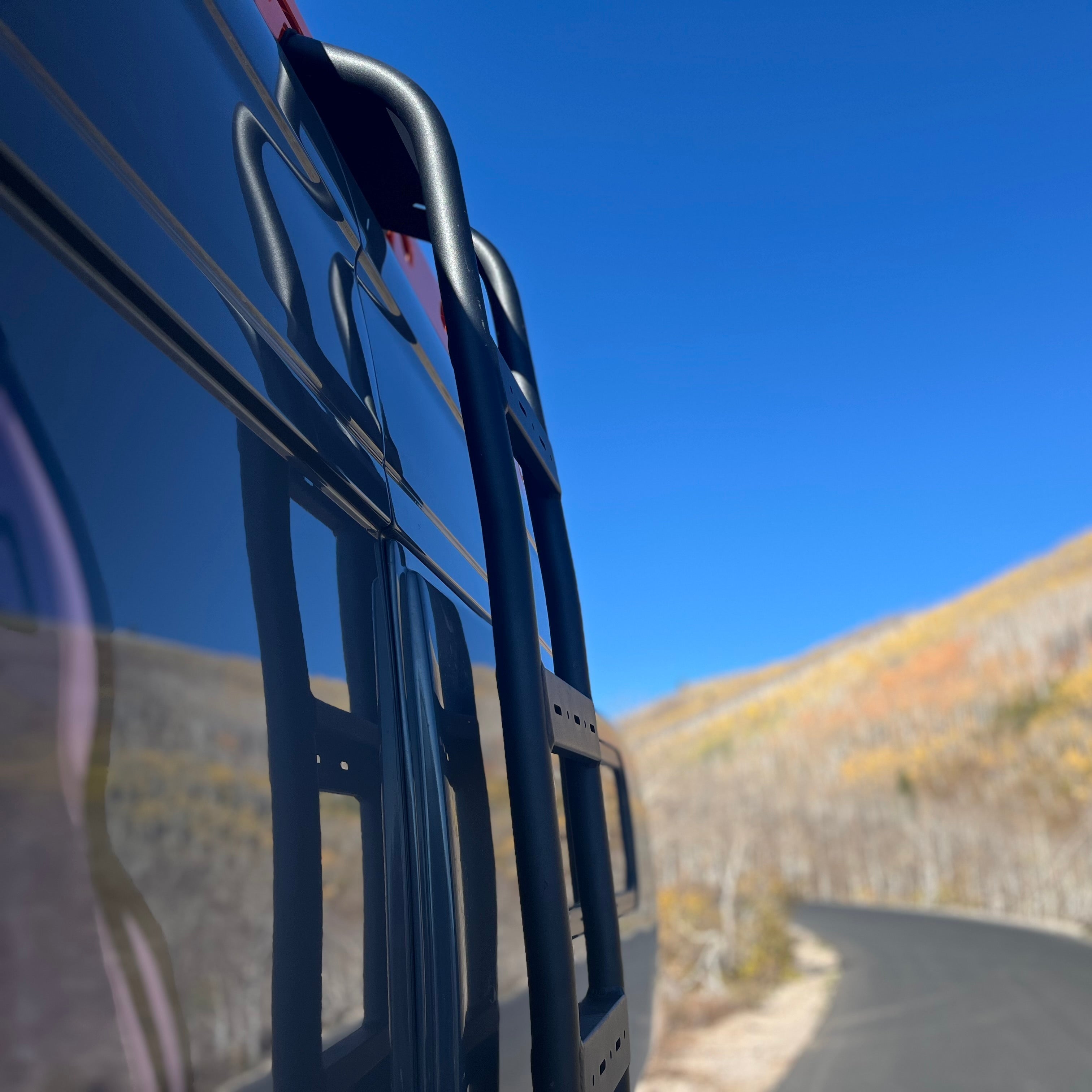 Another angle on the Avatar Offroad Side Ladder for Mercedes Sprinter, fitted to an overland van build