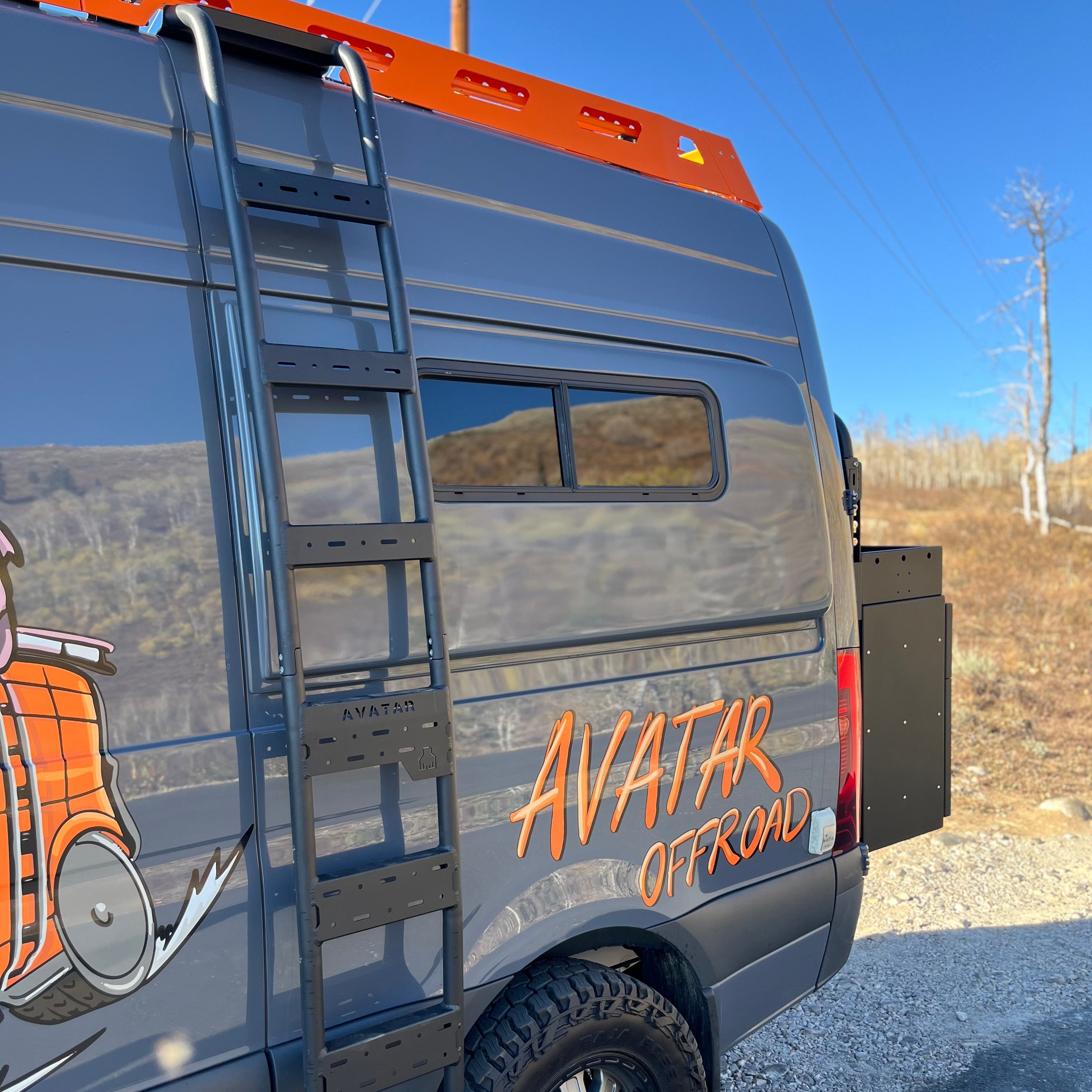 Alternate view of the Avatar Offroad Side Ladder for Mercedes Sprinter, fitted to an overland van build