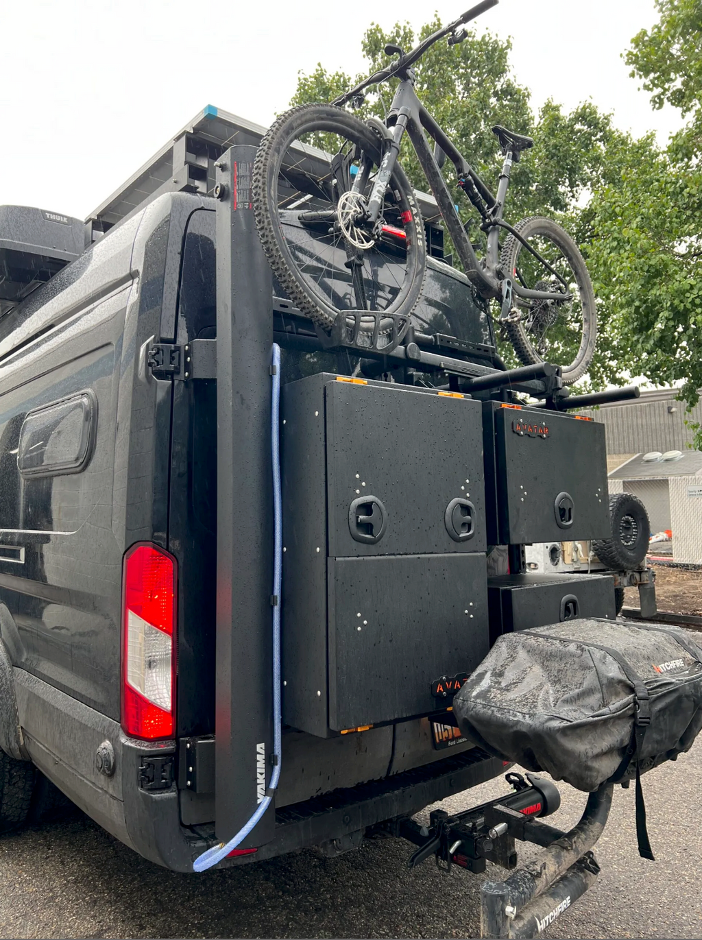 Installed view of the Avatar Offroad Bike Posts for the Massif System, fitted to an overland van build