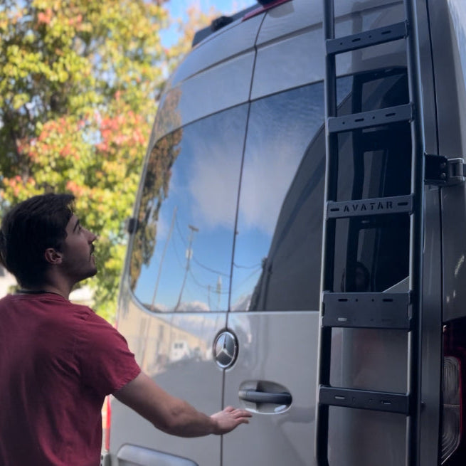 Alternate view of the Avatar Offroad Rear Door Ladder for Sprinter, part of the Avatar Offroad van storage and overland range