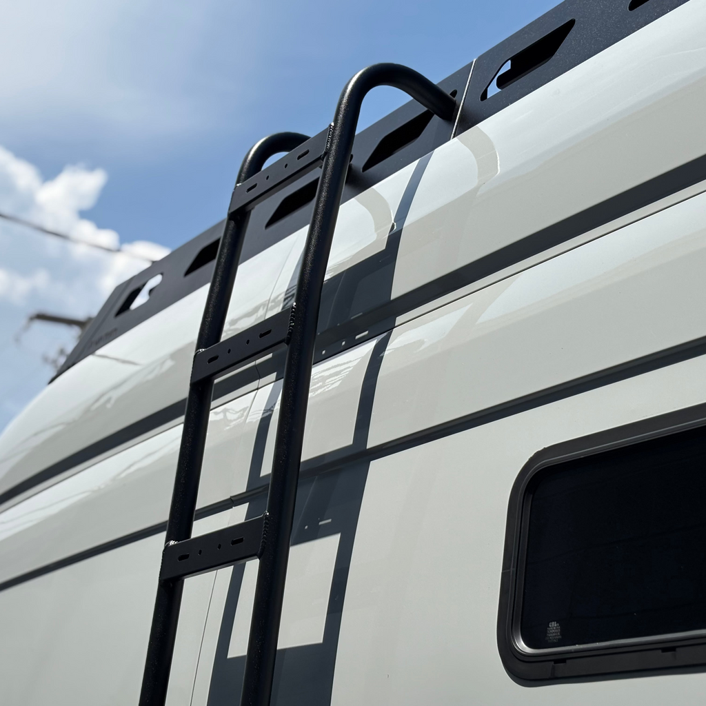 Angled view of the Avatar Offroad Pioneer Roof Rack for Ford Transit, fitted to an overland van build