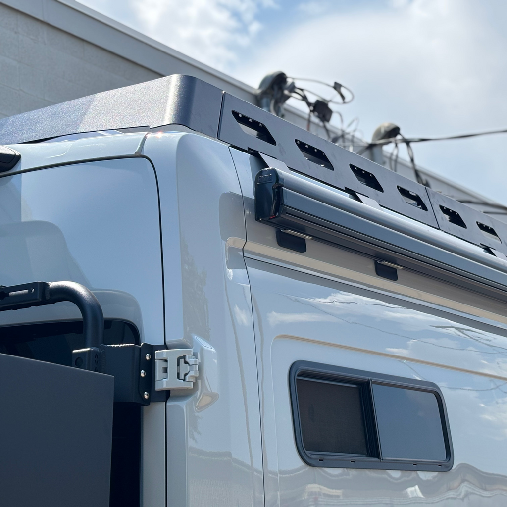 Alternate view of the Avatar Offroad Pioneer Roof Rack for Ford Transit, fitted to an overland van build